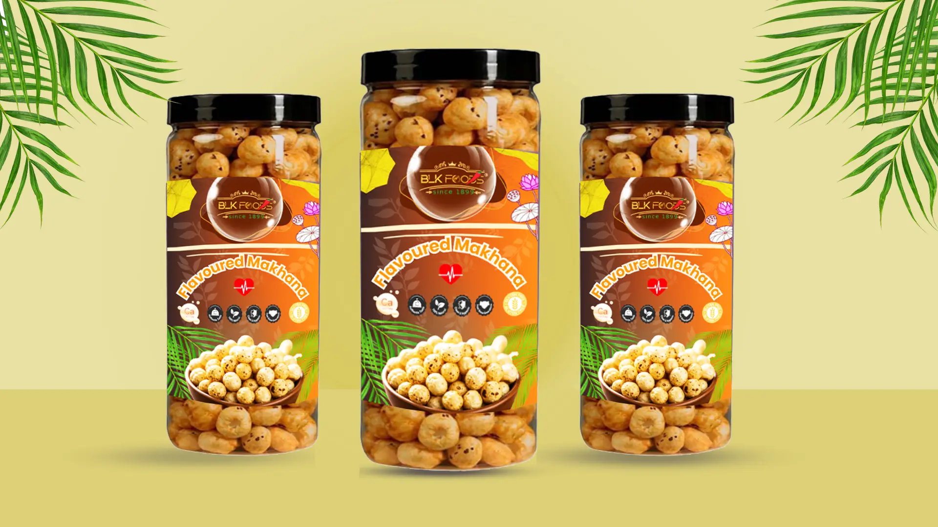 Creative Makhana jar packaging design for BLK Foods highlighting freshness and quality